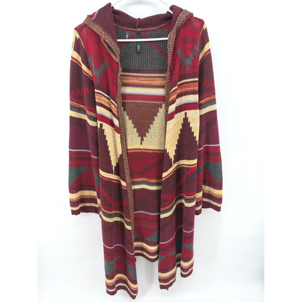 Elan Aztec Hooded Duster Cardigan Women S Red Sweater Boho Cowgirl Southwestern
